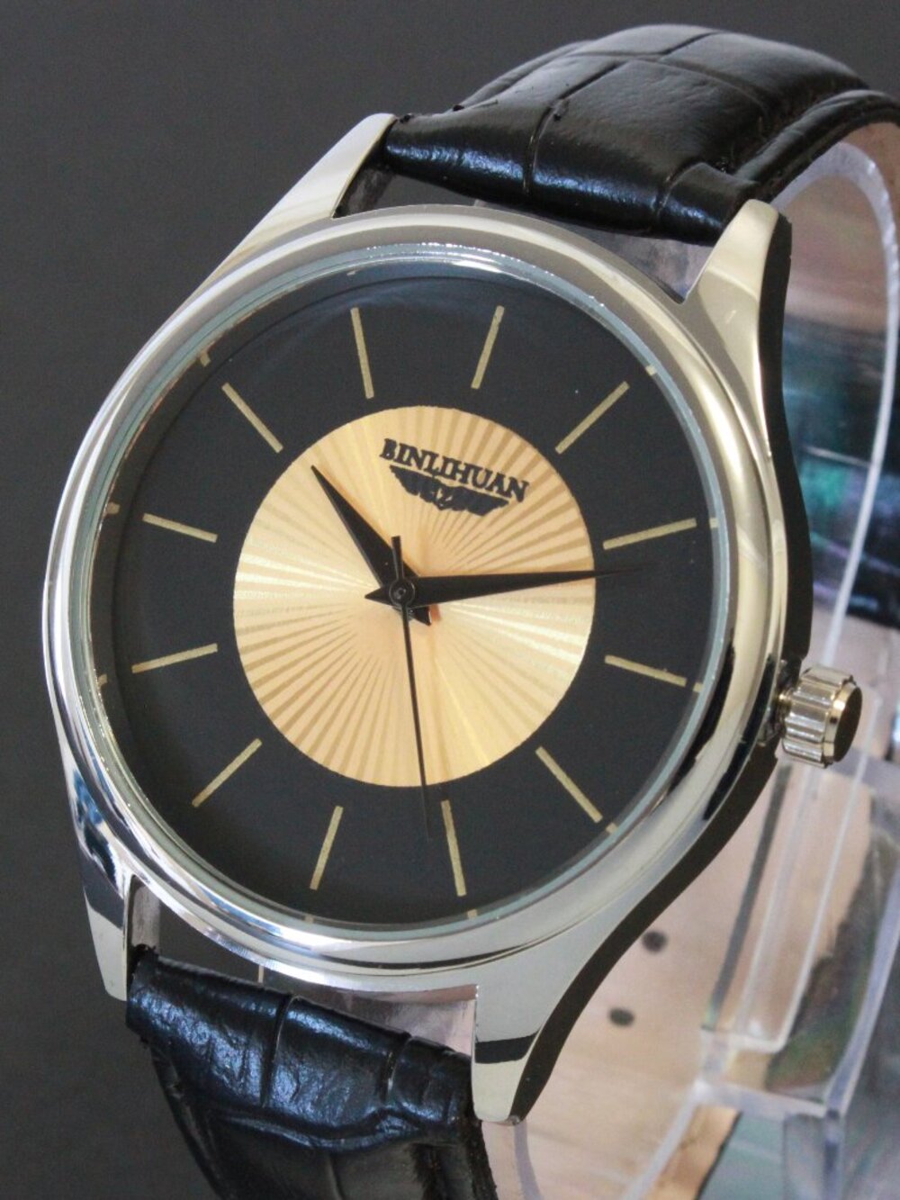 Men's Quartz Dress Watch Black Dial Gold Textured Insert Black Strap 42mm